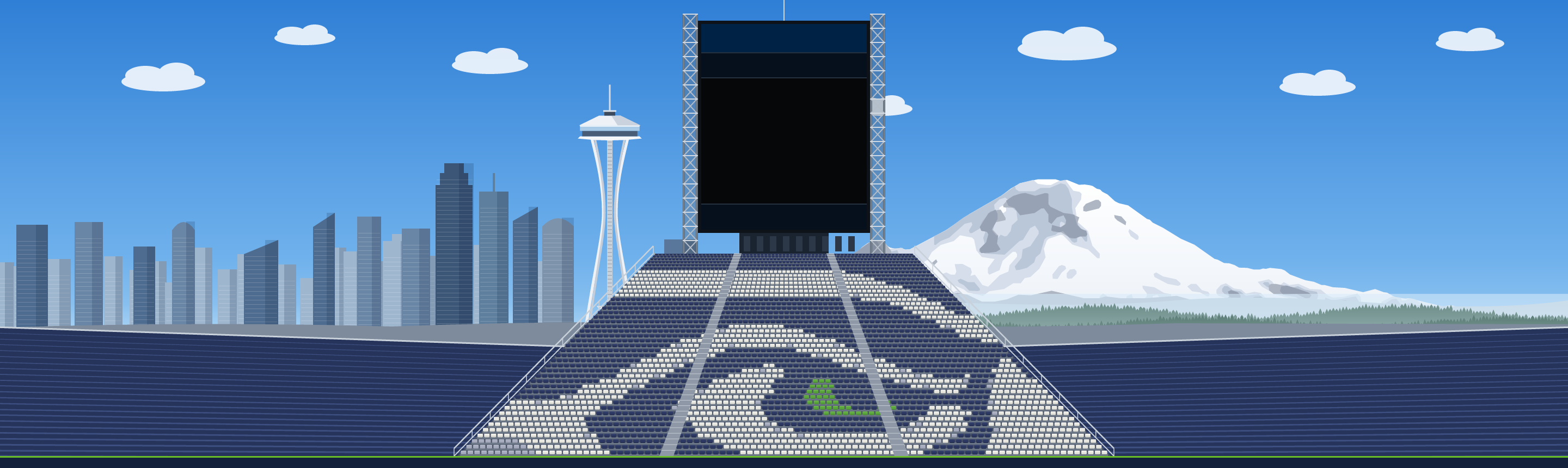 The Hawks Nest at Lumen Field, the Seahawks logo in its seats, with the Space Needle and Mount Rainier